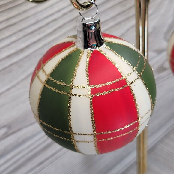Bradford Plaid Christmas Trimmeries Glass Tree Ornaments Stripes Red Green White - Picture 6 of 9